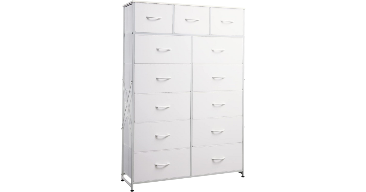 WLIVE 13-Drawer Bedroom Fabric Dresser, White, Steel Frame