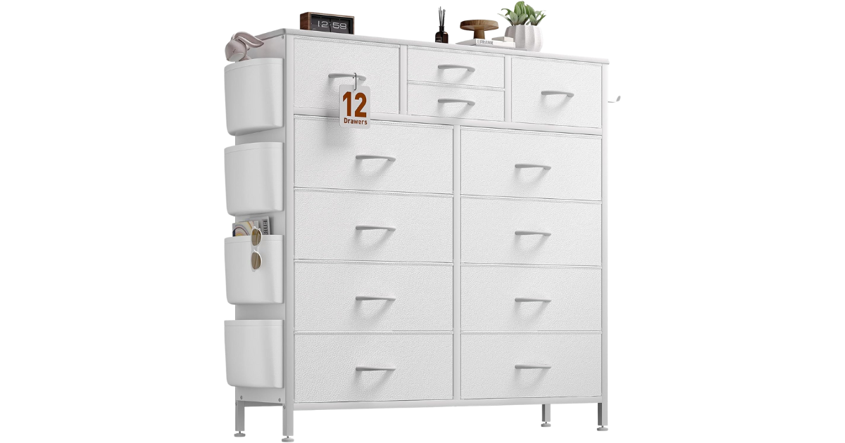 YaFiti 12-Drawer White Dresser for Bedroom with Side Pockets, Fabric